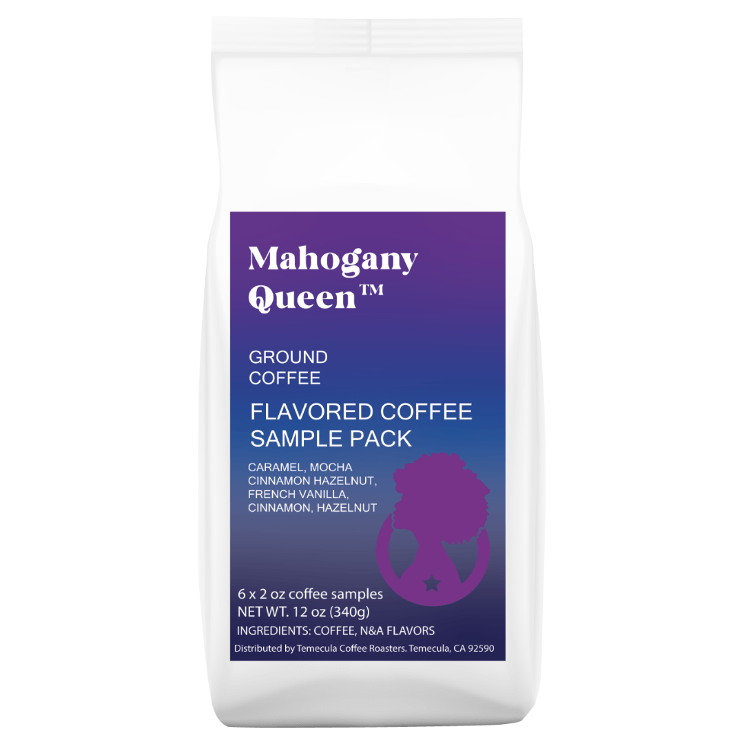 Flavored Coffees Sample Pack: French Vanilla, Hazelnut, Cinnabun, Caramel, Mocha, Cinnamon Hazelnut - Mahogany Queen Coffee